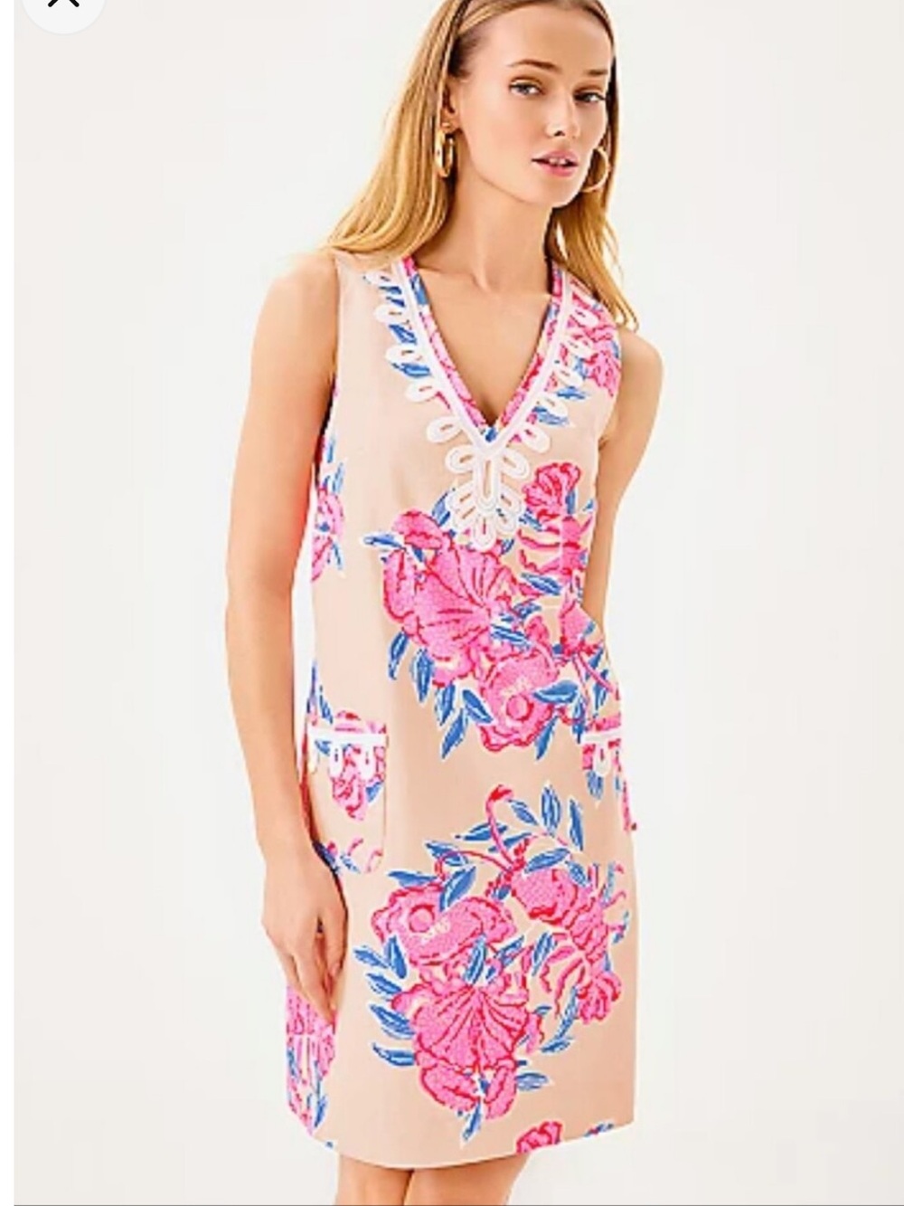 Lilly Pulitzer Sidonie Stretch Pink Beige Floral V‑Neck Shift Dress So Clawsome